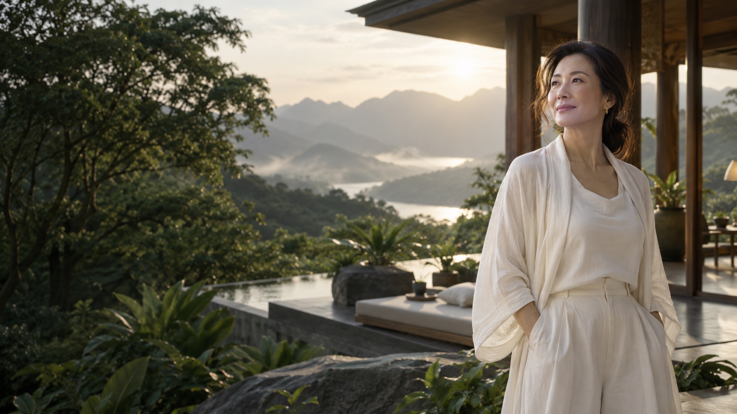 Phụ nữ 45+ trên sân thượng nhìn núi sương — YEN Longevity